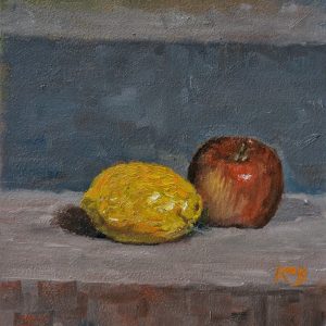 still life painting of a lemon and an apple