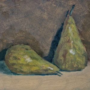 2 pears painted in oils on a gessoed panel