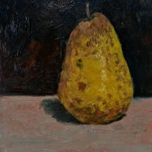 A still life oil painting of a pear